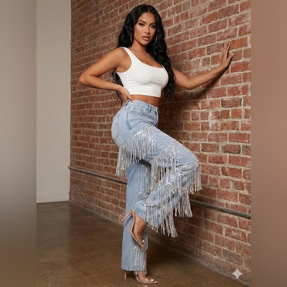 High-Waist Fringe Denim Jeans | Statement Wide-Leg (light blue)